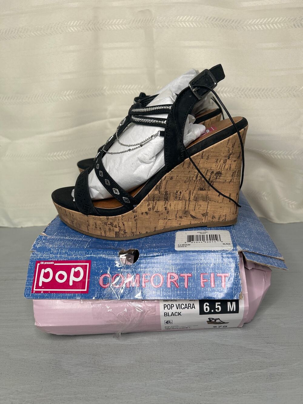 POP Vicara Embellished T-Strap Wedge Sandals Black Womens Size 6.5M